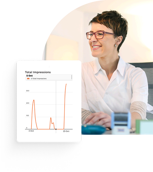 A woman with glasses behind a graph showing Total Impressions